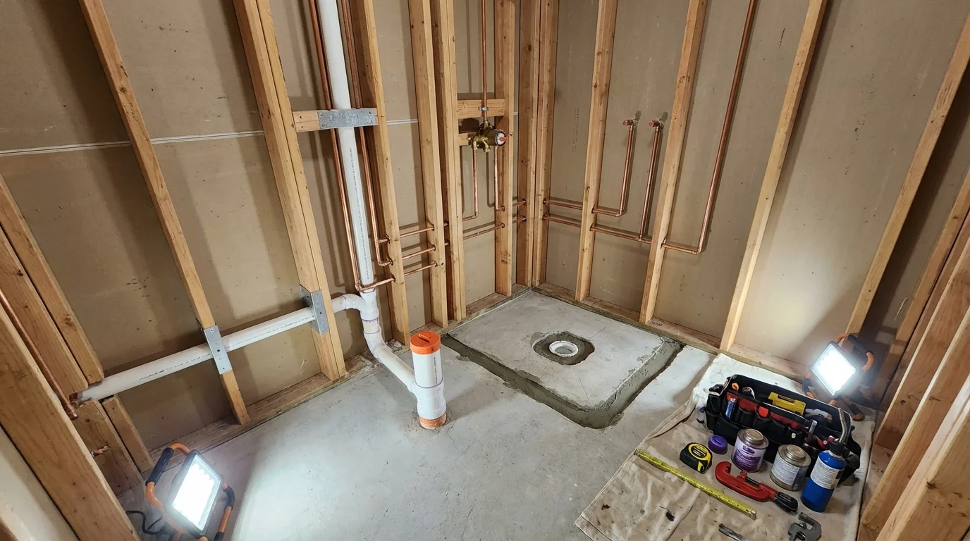 Bathroom rough-in plumbing during remodel by Johns Plumbing LLC in Littlerock