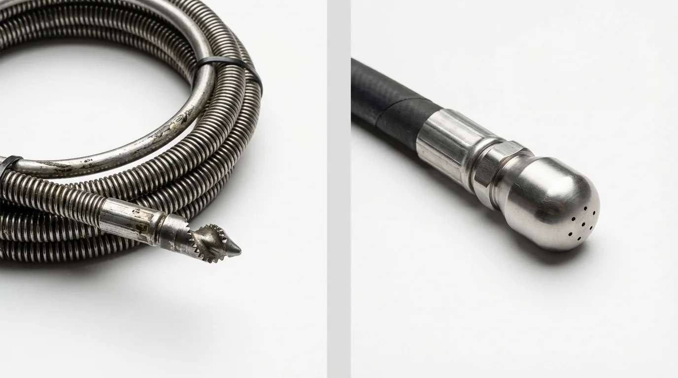 Drain snake cable and hydro jetting nozzle used for drain cleaning in Littlerock, CA