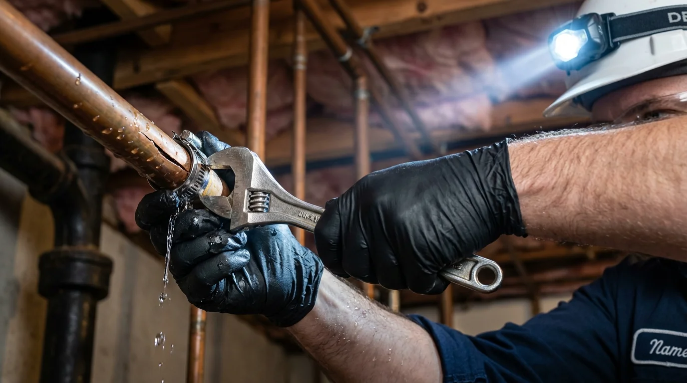 Emergency pipe clamp repair being performed by a Johns Plumbing LLC plumber in Littlerock