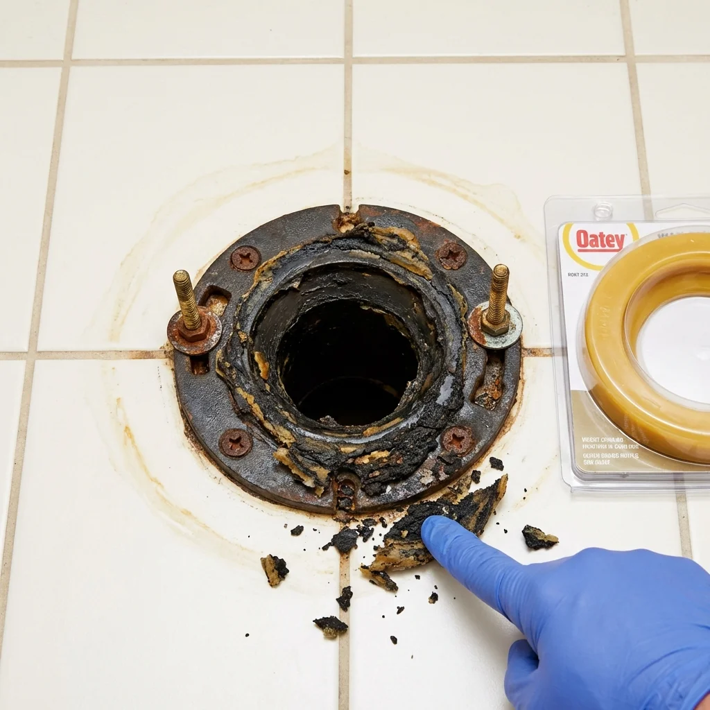 Failed wax ring showing water seepage at the base of a toilet in a Littlerock, CA home