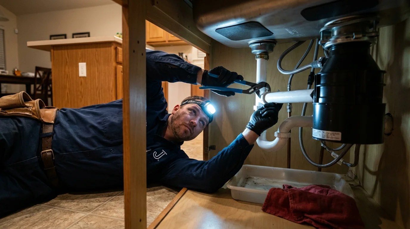 P-trap and supply line connections under a kitchen sink showing a common leak point in Littlerock, CA